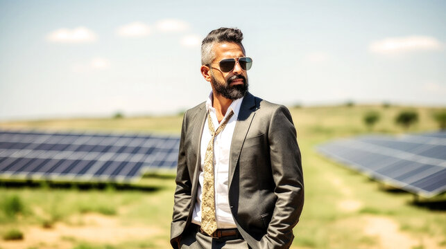  In the sun's embrace, a 45-year-old Brazilian businessman gazes over his solar farm, suited up and donning sunglasses, pride swelling as panels gleam. Generative AI