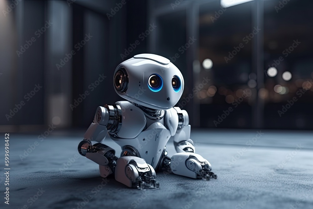 Poster robot sitting in a dimly lit room generative ai