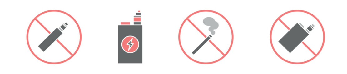 Stop smoking modern icon set, vaping ban concept, banned e-cigarette icons, electronic cigarette emblems, no smoking badge symbols isolated on white background