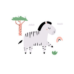 Vector illustration of a cute zebra in african savanna