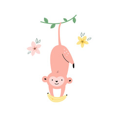 Vector illustration of funny monkey, ape hanging with banana