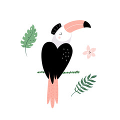Vector illustration of a funny toucan, hornbill and tropical leaves. © danceyourlife