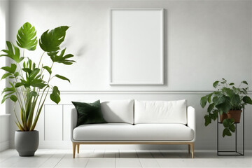 Obraz na płótnie Canvas modern interior with empty mockup frame on wall with sofa and green plants, created with Generative AI