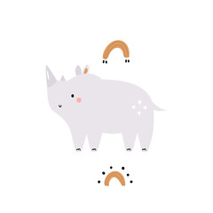 Hand drawn vector illustration of rhino and rainbows