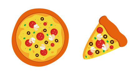 Set, collection of vector pizza slices and whole pizza isolated on white background