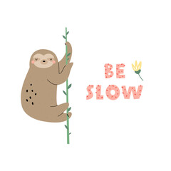 Hand drawn vector illustration of funny sloth on a tree