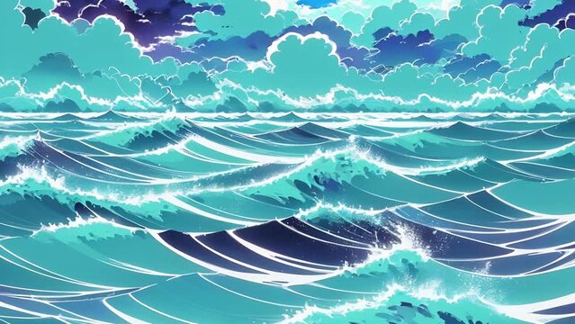 Ocean seascape with waves. Nautical landscape with wavy azure water and blue sky in retro style. Bright animation with illustrations transformations and metamorphose. AI generated video