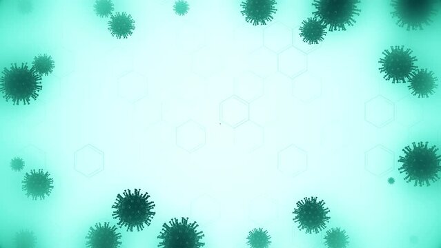 3D render of medical animated background with frame from corona varuses hexagonal shapes like a symbols of molecular formulae with vignette and place for text, 4K science animation