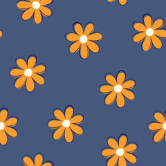 Fototapeta na wymiar yellow flower on blue navy background seamless pattern. simple daisy flowers print in dusty summer colors