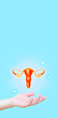 Fototapeta na wymiar Female reproductive health concept. endometriosis, PCOS, gynecological cancer, cervical cancer. Doctor's hand hold a uterus with health icons. Vertical light blue background