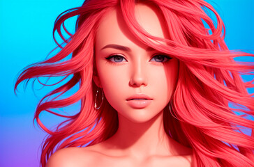Obraz premium Portrait of a beautiful young woman with long pink hair. Generative AI.
