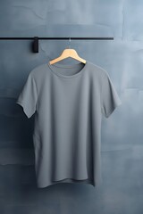 Naklejka premium Empty gray t-shirt hanging on blue wall background. Product design and presentation concept, Generative Ai.