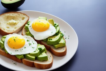 Avocado toast with poached egg on a wooden board, generative ai, healthy food. Breakfast concept.