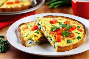 Fried omelette with vegetables on a plate on old wooden background, generative ai, colorful omelette chopped fresh parsley. Breakfast recipe with eggs. Closeup - obrazy, fototapety, plakaty