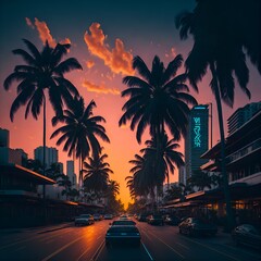 Fototapeta na wymiar Painting of a vibrant city street lined with tall palm trees at the golden hour of sunset