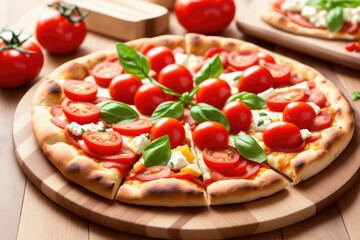 Hot tasty traditional italian pizza with salami, meat, cheese, tomatoes greens, generative ai, on a dark background