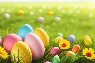 Fototapeta na wymiar Basket of easter eggs on green grass, colorful eggs for celebration, generative ai, sunny day