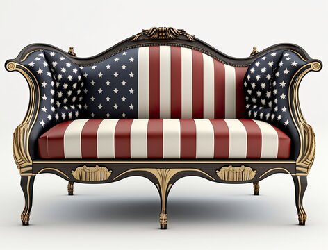 Classic federal style patriotic sofa with American flag isolated on white background. Generative ai patriotic couch design idea