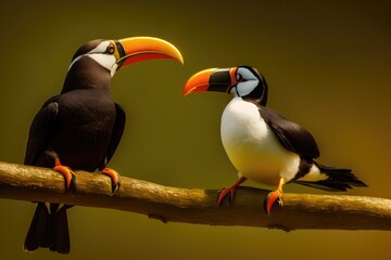 Naklejka premium Keel-billed Toucan, Ramphastos sulfuratus, bird with big bill. Toucan sitting on the branch, generative ai