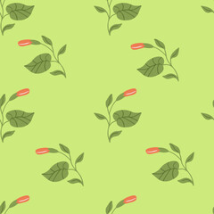 Seamless pattern with green leaves on green background. Hand drawn doodle texture for textile, wrapping paper