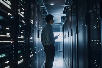 Engineer connecting data center in global network in storage systems server room and connecting data in internet network business created with generative AI technology