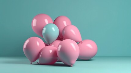 pink balloons on pastel blue background created with generative AI technology