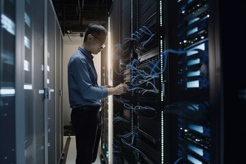 Engineer connecting storage system servers and connect data in network business created with generative AI technology