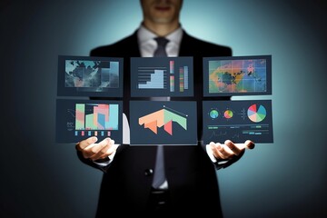 Man holding a digital photo of business charts created with generative AI technology