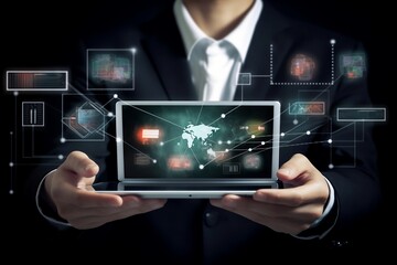 Man holding a digital photo of business charts created with generative AI technology