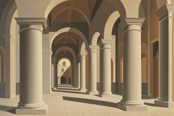 Antique architecture with concrete columns. Generative ai painting