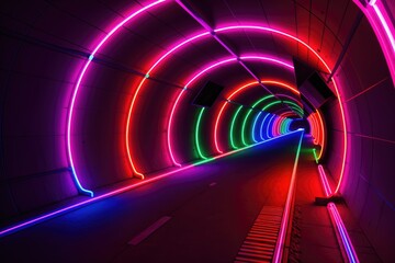 Futuristic Neon Laser Rings of Ultraviolet Fluorescent Light Tunnel - Abstract Background Texture, generative ai