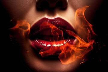 Fototapeta Woman lips in flame fire, passion, love and sex on dark background, generative ai. obraz