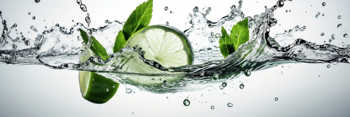Water splash on white background with lime slices, mint leaves, and ice cubes as a concept for summertime libations, generative ai