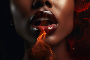  lips in flame fire of black woman, passion, love and sex on dark background, generative ai.