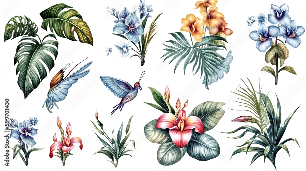 Aufkleber a botanical illustration with a watercolor set of tropical plants was created using generative ai. -