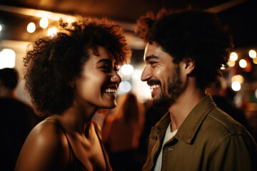 In a lively NYC club, a joyful mixed race couple danced the night away, their laughter and chemistry lighting up the room amidst pulsating music. Generative AI