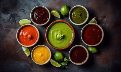 Obraz na płótnie Canvas a group of different sauces with limes and limes. generative ai