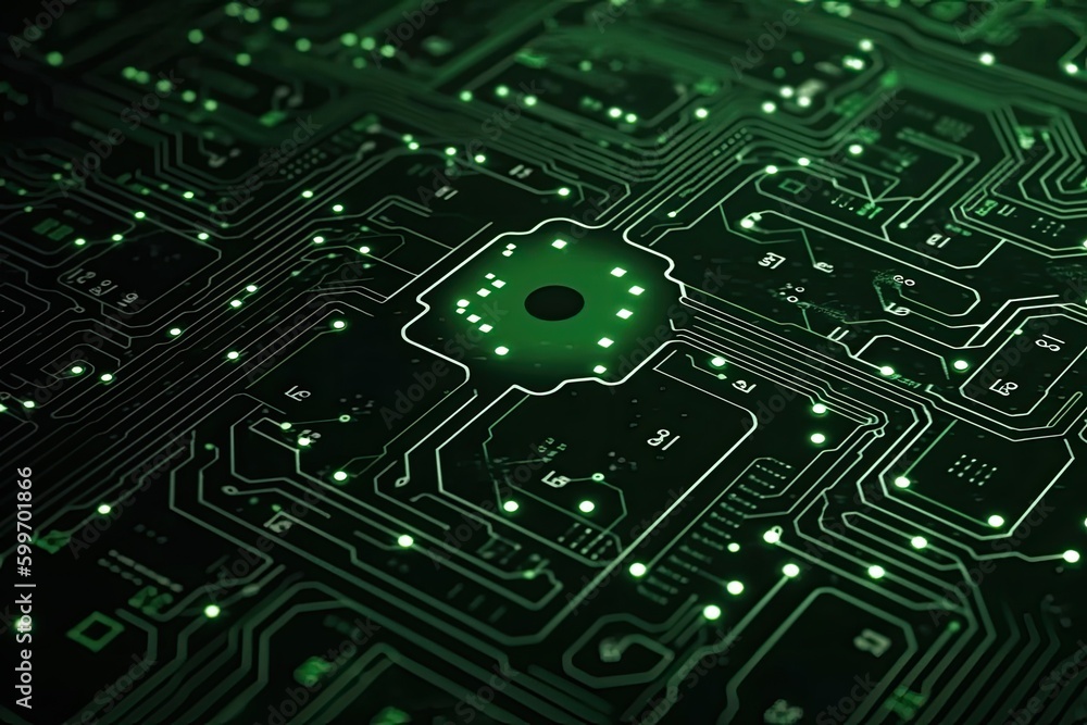 Poster detailed view of a green printed circuit board generative ai