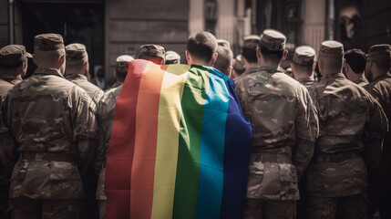 Fototapeta na wymiar Military celebrating LGTBI Pride Day. Soldiers with LGTBI flag. Celebration LGTBI. Image generated by AI.