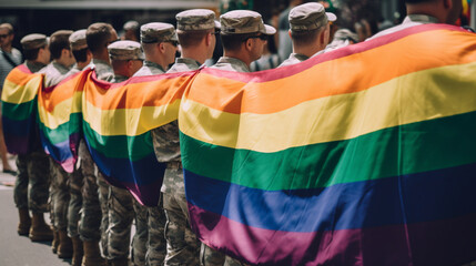 Military celebrating LGTBI Pride Day. Soldiers with LGTBI flag. Celebration LGTBI. Image generated by AI.