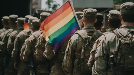Military celebrating LGTBI Pride Day. Soldiers with LGTBI flag. Celebration LGTBI. Image generated by AI.