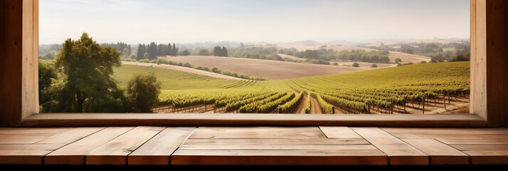 Fototapeta premium Empty wooden table, vineyard view out of open window, template for product presentation, generative ai