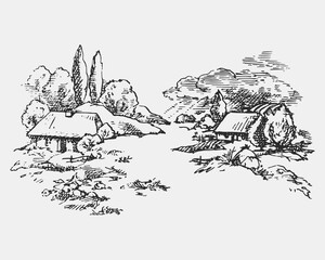 Village landscape in rustic style. Rural nature background. Beautiful panorama of countryside. Hand drawn ink illustration. Sketch vector drawing.