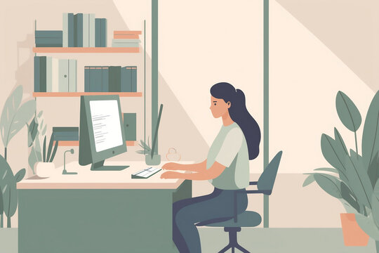 Graphic illustration of woman working at home office, on computer doing web research