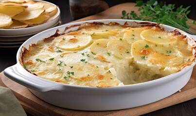  a casserole dish with potatoes and parsley on a cutting board.  generative ai