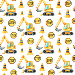 Excavator watercolor seamless pattern, digital paper. Backhoe loader. Construction equipment, machines. Construction site. Road signs. Baby boy print. For printing on fabric, textiles, paper