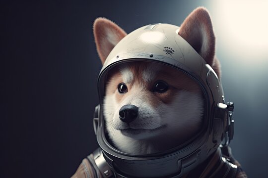 A Shiba Inu dog in an astronaut costume. cryptographic logo of the shibu token. Background with a dog. the concept of cryptography. copyspace. generative ai