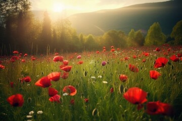 Fototapeta na wymiar vibrant field of red flowers basking in the warm glow of the sun Generative AI