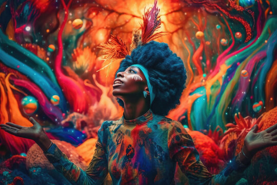 Black woman tripping on psychedelics LSD in forest. Generative AI.