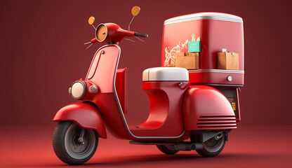 Red Delivery scooter with boxes, Generative ai